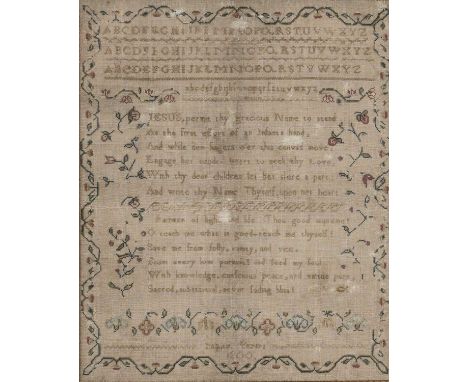 GEORGE III NEEDLEWORK SAMPLER, by Sarah Penn, dated 1800, believed Welsh (Caergwrle / Wrexham or Blaenau Ffestiniog), worked 