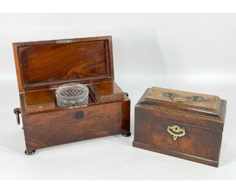 TWO ANTIQUE MAHOGANY TEA CADDIES, including George III caddy with shaped caddy moulded top and carry handle, 23.5cm wide; and