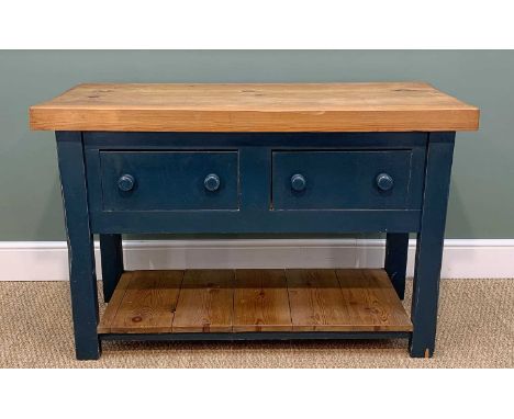 CONTEMPORARY PINE 'BUTCHER'S BLOCK' KITCHEN TABLE, two deep frieze drawers, potboard, 84h x 127w x 53cms dProvenance: collect