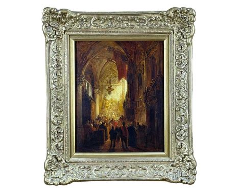 MANNER OF JOHN WILSON CARMICHAEL oil on board - interior of Cathedral with figures in service and shaft of light, 26 x 21cmsP