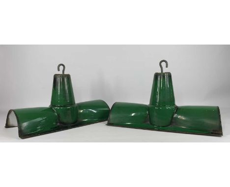 PAIR VINTAGE GREEN ENAMELLED INDUSTRIAL LAMP SHADES, c. 1920s, rectangular double light form with conical top, 29 x 53 x 27cm