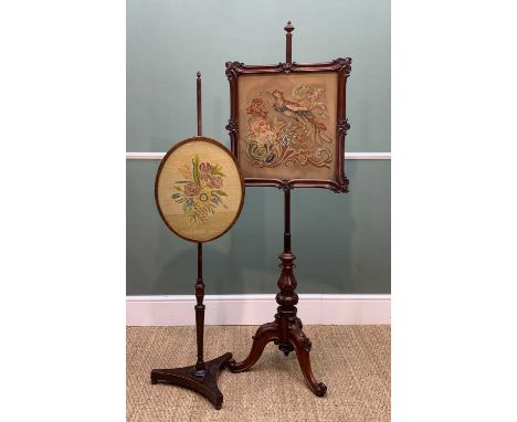 TWO 19TH CENTURY POLE SCREENS, one mid-Victorian with rectangular woolwork panel on scrolled tripod legs, the other William I