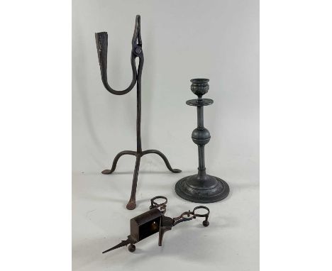 METALWARE comprising rush light and candle holder, single foliate baluster candlestick and a pair of candle wick trimming sci