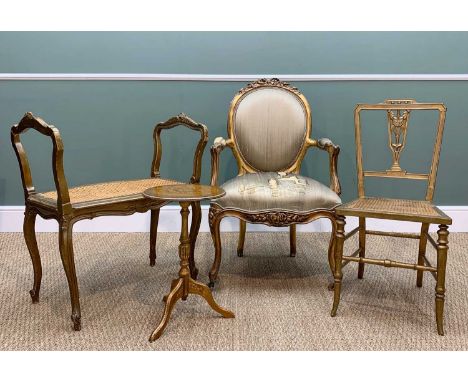 ASSORTED GILT OCCASIONAL FURNITURE, to include small tripod table, caned window seat, caned small chair, and upholstered Fren