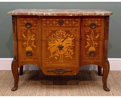 LOUIS XVI-STYLE MARQUETRY COMMODE, of breakfront outline with variegated pink marble top above deep drawer, canted angles, gi
