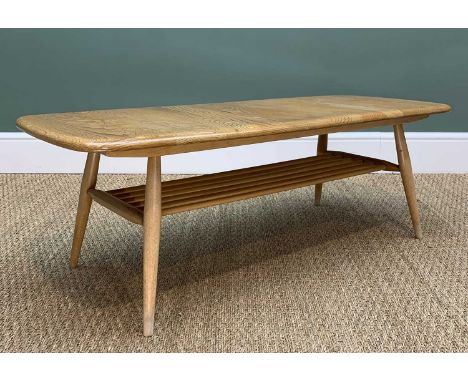 MID-CENTURY ERCOL WINDSOR 459 OCCAISIONAL COFFEE TABLE, blue label, elm and beech, natural finish, magazine rack, 36h x 105w 