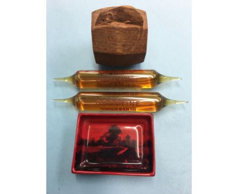 Mouseman oak napkin ring, Royal Doulton pin tray and two vials of Cognac