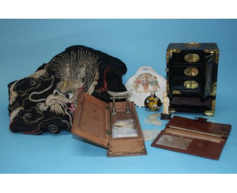 A quantity of mother of pearl gaming tokens, a kimono, jewellery box etc.