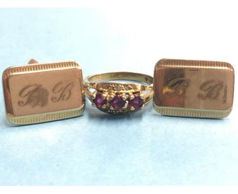 Pair of 9ct gold cufflinks and a 9ct ring, 16g