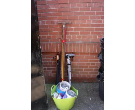 Various gardening tools, walking canes etc.