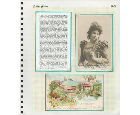 Opera Dame Nellie Melba signed vintage 6 x4 b/w photo set on A4 sheet with corner mounts with unsigned b/w photos and informa