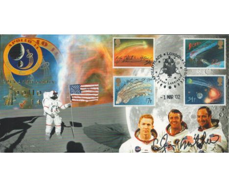 NASA Astronaut Apollo 14 moonwalker Dr Edgar Mitchell signed Space 2002 postmarked cover. Illustrated with crew and mission i