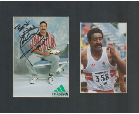 Athletics. Daley Thompson Signed Adidas Promo 6 x 4 colour Card with Image of Thompson Racing, Mounted to an overall size of 