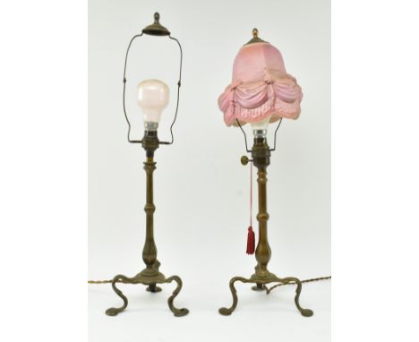 In the manner of William Arthur Smith Benson - a pair of Arts &amp; Crafts early 20th century brass &amp; pink milk glass sha