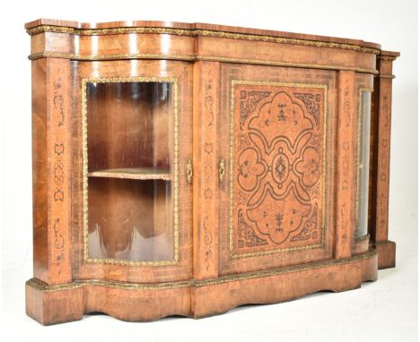 A Victorian 19th century walnut &amp; marquety breakfront sideboard credenza. The credenza having a flared top over an inlaid