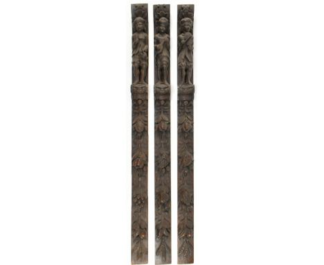 A set of three believed Dutch Continental early 20th century hand carved oak wood embellishment panels / appliques. Each cary