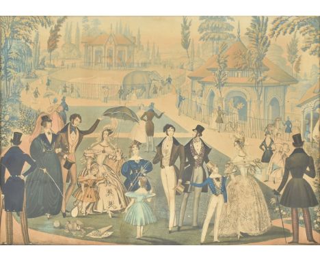 View in the Zoological Gardens, Regent's Park, London - a Victorian 19th century circa 1830s hand coloured etching on paper o