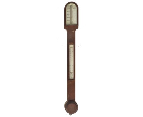 A George III 18th century M. Pillischer of London stick wall barometer. The barometer in oak case with hooded head over a str