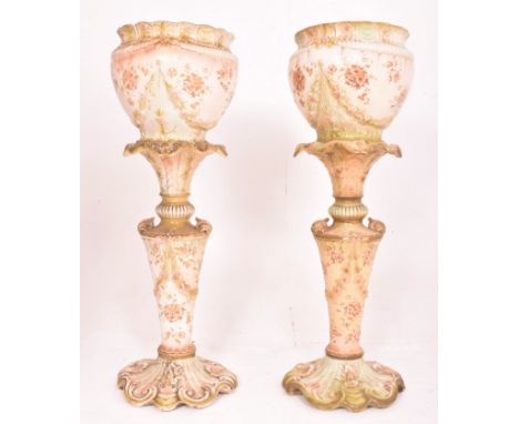 A pair of large Staffordshire inspired Victorian late 19th century hand painted and transfer printed ceramic floor planters /