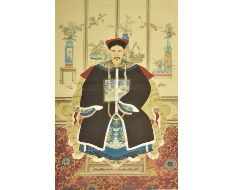 A Republic period Chinese ancestral painting on silk. The painting depicting a man dressed in Qing dynasty court robe and a h