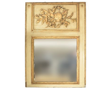 A French Louis XVI style 19th century gilt painted wood Trumeau overmantel wall mirror. The mirror of rectangular form with t