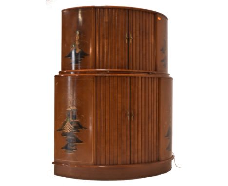 An Art Deco circa 1930s walnut &amp; chinoiserie painted half moon cocktail / bar drinks cabinet. The cabinet having a recess