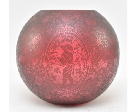 A Victorian 19th century cranberry / ruby red glass acid etched bulbous oil lamp light shade. The shade decorated with possib