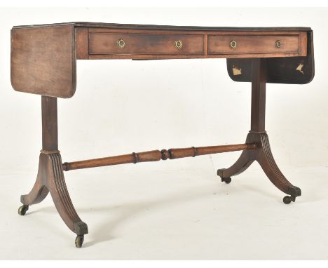 A George III 19th century mahogany drop leaf writing table desk - sofa table. The table having a rectangular top with short d