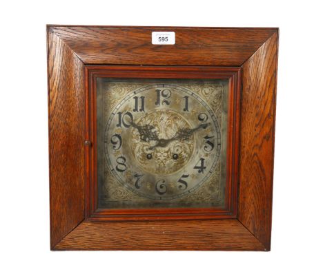 An oak-cased wall clock, with 2-train movement and engraved brass dial, H38cm