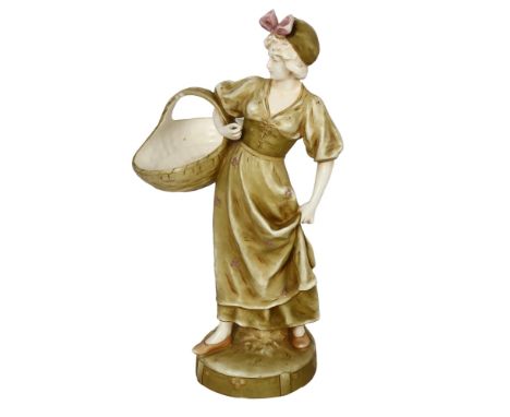 Vintage Austrian porcelain figure of a young lady with a large basket, 45.5cm