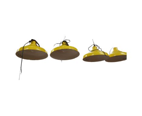 A set of 4 retro style yellow and white enamel ceiling lights, approx 40cm diameter