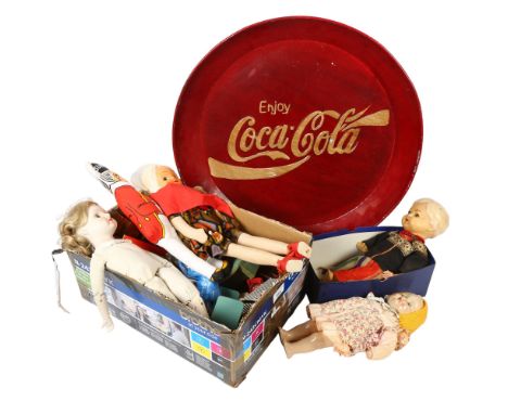 3 Vintage dolls, including wind-up Dutch model, and Roddy, a Coca-Cola tray, doll's house furniture etc