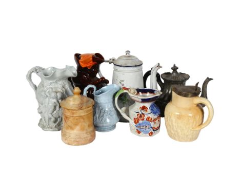 Enamel coffee pot, 27cm, Sheffield teapot, treacle glaze Toby jug with hat, Mason's jugs, etc