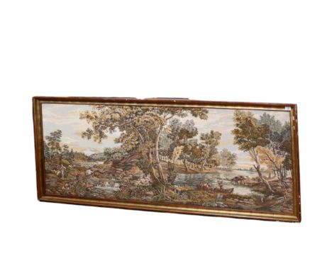 A machine-made Belgian tapestry, woodland river scene with various pictorial activities, including boy fishing, shepherd etc,