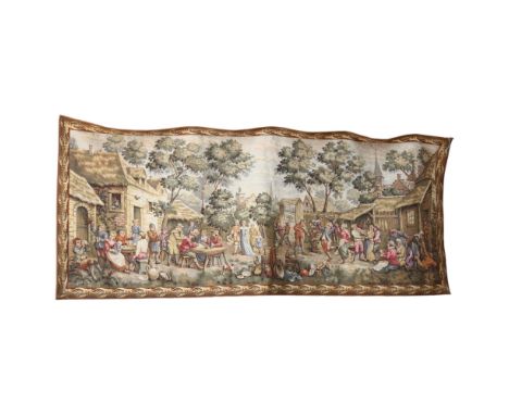 A machine woven Belgian tapestry, depicting a Medieval village scene, celebratory mood, 85cm x 190cm