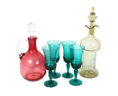 A set of 4 Bristol green goblets, 18cm, a cranberry glass Claret jug and stopper, and a Vintage glass decanter and stopper
