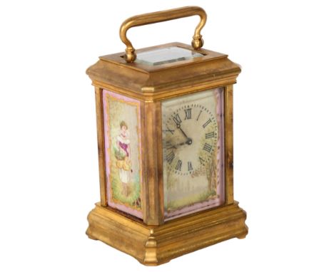 A miniature modern brass-cased carriage clock, with painted ceramic panels, height not including the handle 7cm