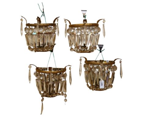 A set of 4 Vintage gilt-metal mirrored wall lights with lustre drops, H17cm