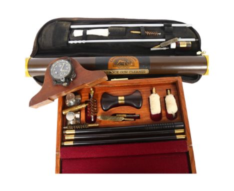 A teak-cased gun cleaning kit of generic form, no maker's marks, together with an oak-mounted Vintage clock and a Paradox gun