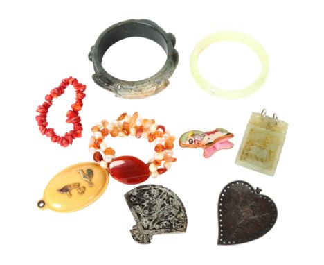 A group of various bangles, etc, including green jadeite, coral bracelet, Chinese jadeite panel bangle etc