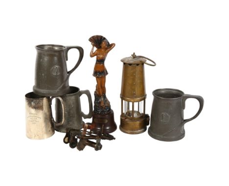 An Art Deco statuette "evening", 29.5cm, a miner's lamp, a small sextant, and pewter mugs