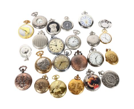 20 various decorative magazine issue quartz pocket watches, and 2 Vintage chrome plate pockets watches, Smiths Empire and Ser