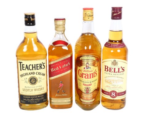 Bell's Extra Special Old Scotch Whisky, William Grant's Finest Scotch Whisky, Teacher's Highland Cream Scotch Whisky, and a J