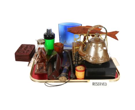 A carved wood fish, a copper tea kettle, H21cm, cinnabar box (A/F), bell, cocktail shaker, ceramic horse sculpture etc