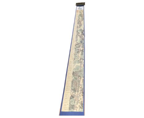 A Chinese paper scroll with lakeside village scene, boxed, W30cm