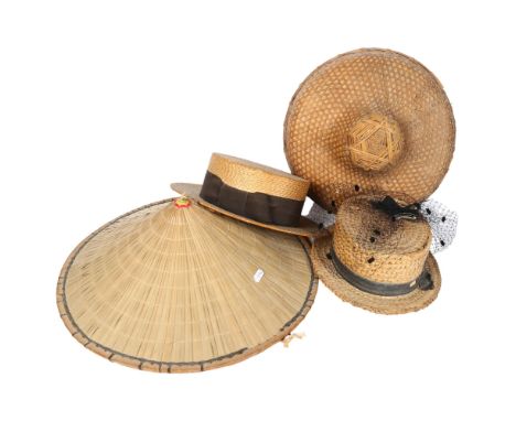2 Vintage French straw boaters, a coolie hat etc