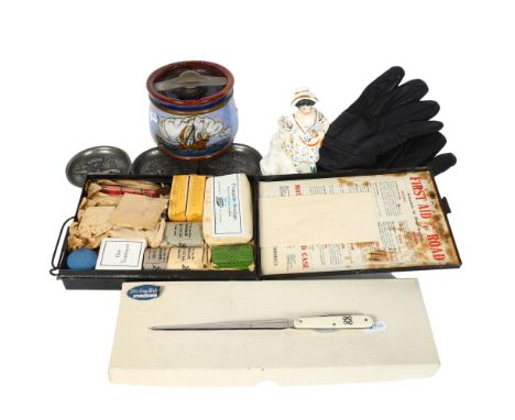 Cased silver-handled servers, paper knife, Royal Doulton ship design tobacco jar, cast-pewter dishes, gloves and a motorists 