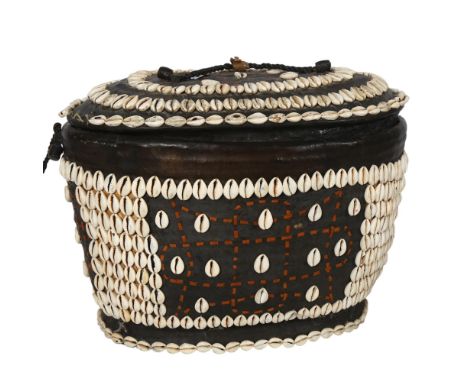 A Vintage leather-covered basket, decorated with shells, and cover, L43cm