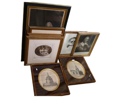 A pair of 18th century engravings, architectural studies, and various other 18th century stipple engravings, monochrome engra