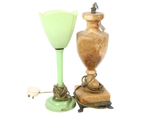 A carved stone table lamp on stand, and a 1950s green plastic table lamp with shade, 37.5cm